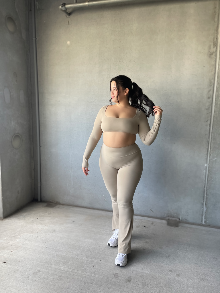 I AM BEAUTIFUL ACTIVE BOOTY SCRUNCH FLARE LEGGINGS- TAUPE – Nirie  Collection
